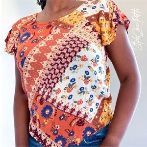 CHLOE and KATIE Flutter Sleeve Burnt Orange Print Top Size XS
